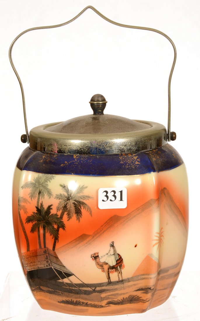 6 1/2" MARKED "MADE IN BOHEMIA" BISCUIT JAR: 6 1/2" MARKED "MADE IN BOHEMIA" BISCUIT JAR SUNSET EGYPTIAN DESERT SCENIC DECOR - SILVERPLATE LID AND BAIL