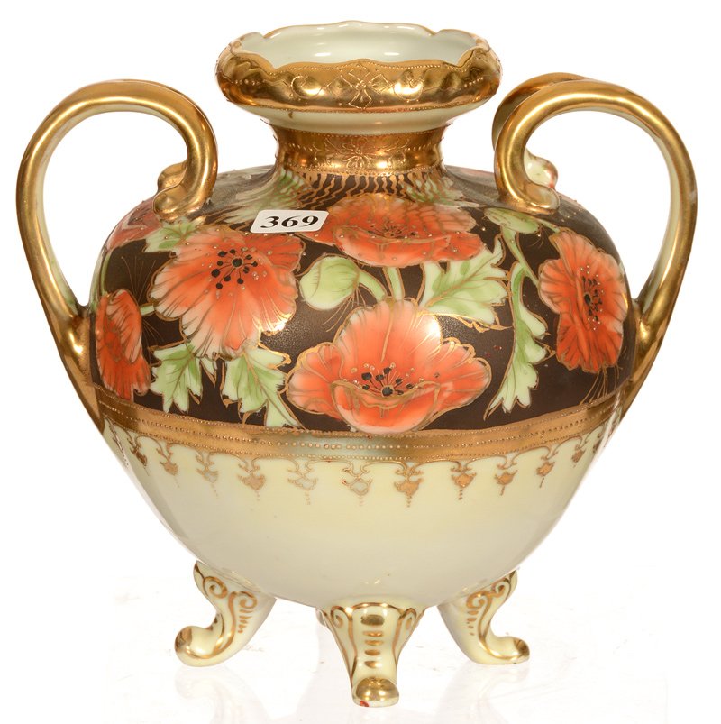 8" MARKED NIPPON (GREEN WREATH MARK) FOUR-FOOTED: 8" MARKED NIPPON (GREEN WREATH MARK) FOUR-FOOTED TWO-HANDLED VASE BROWN BACKGROUND WITH LARGE POPPY DECOR - NICE GOLD HIGHLIGHTS
