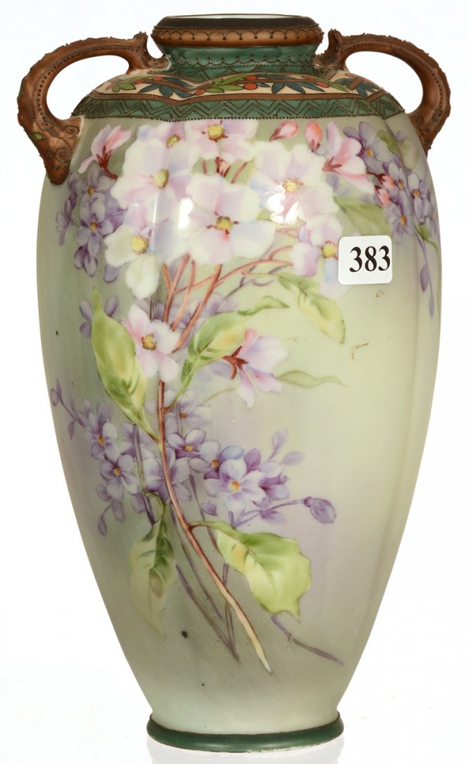 10" MARKED NIPPON (GREEN WREATH MARK) TWO HANDLED: 10" MARKED NIPPON (GREEN WREATH MARK) TWO HANDLED HANDPAINTED VASE GREEN BACKGROUND WITH FLORAL DECOR