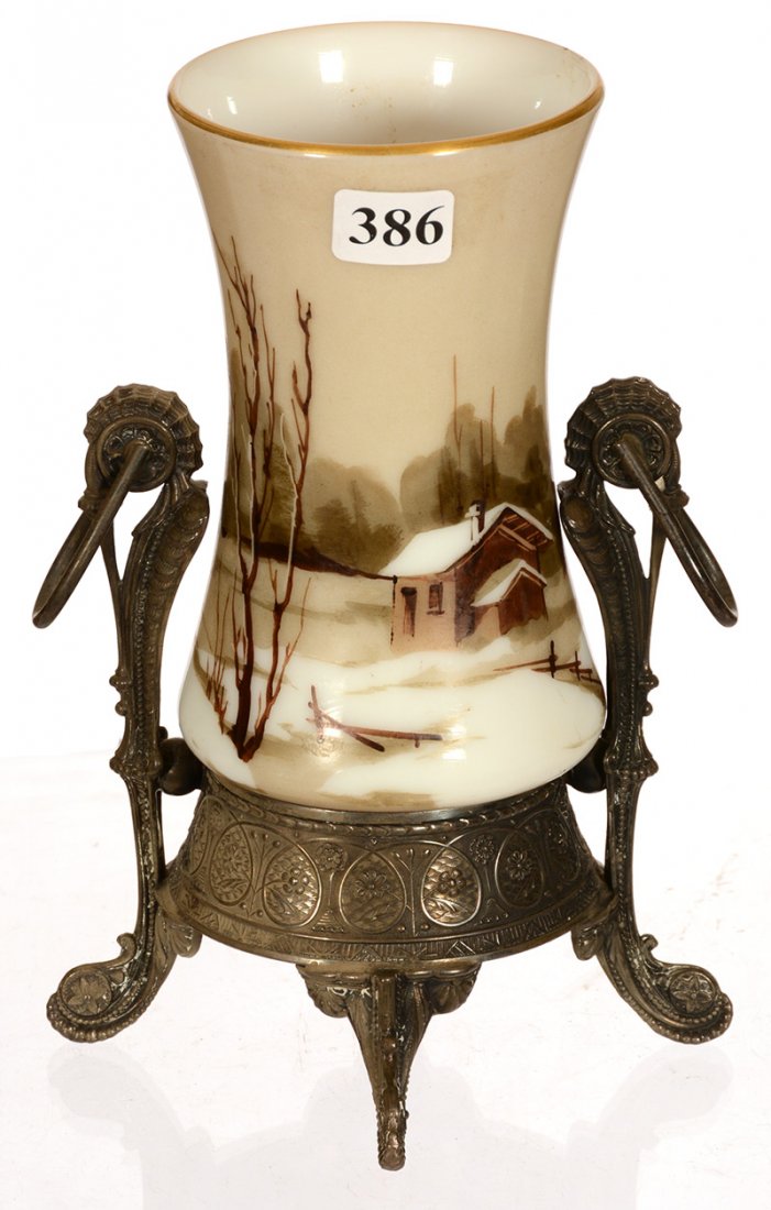 7 3/4" VICTORIAN CELERY VASE IN SILVERPLATE HOLDER: 7 3/4" VICTORIAN CELERY VASE IN SILVERPLATE HOLDER WHITE BRISTOL ART GLASS INSERT WITH WINTER SCENE DECOR - marked Pairpoint silver plate frame.