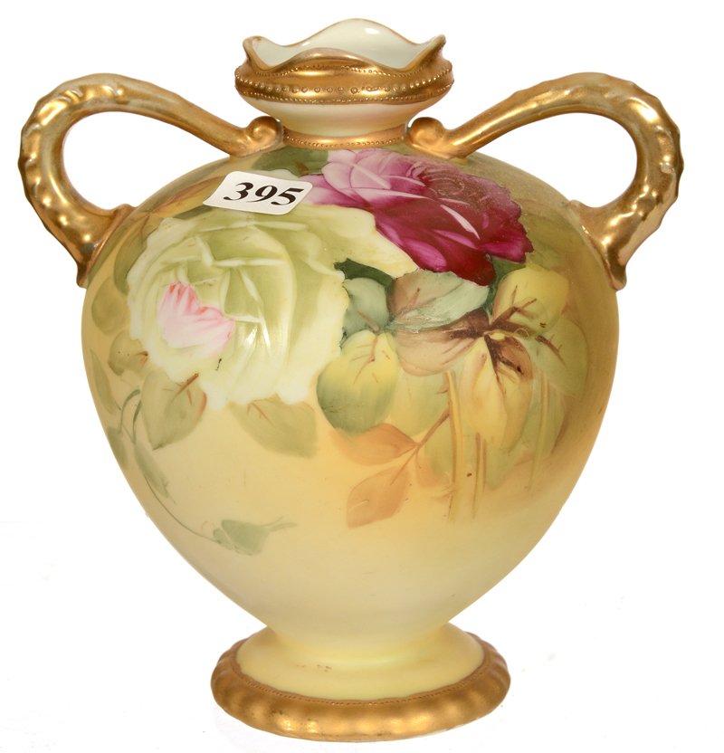 6 1/2" MARKED NIPPON (BLUE WREATH) TWO-HANDLED: 6 1/2" MARKED NIPPON (BLUE WREATH) TWO-HANDLED HANDPAINTED VASE GREEN BACKGROUND WITH ROSE DECOR