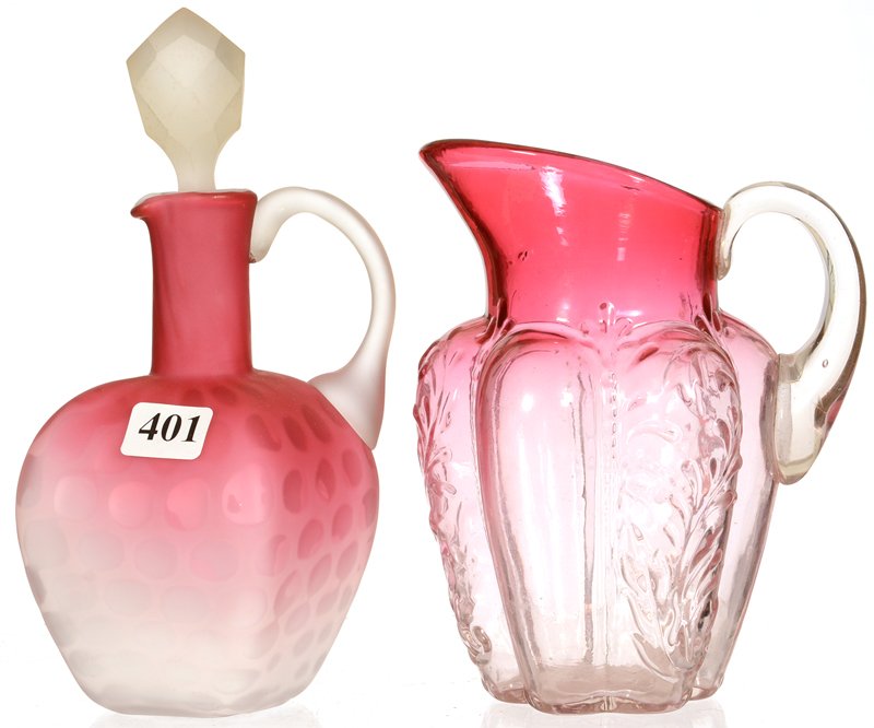 (2) ART GLASS ITEMS: (2) ART GLASS ITEMS (1) 6" RUBINA MELON RIBBED PITCHER - (1) 6" PINK SHADING TO WHITE SATIN SQUARE CRUET BOTTLE (MINOR HANDLE CHECK)