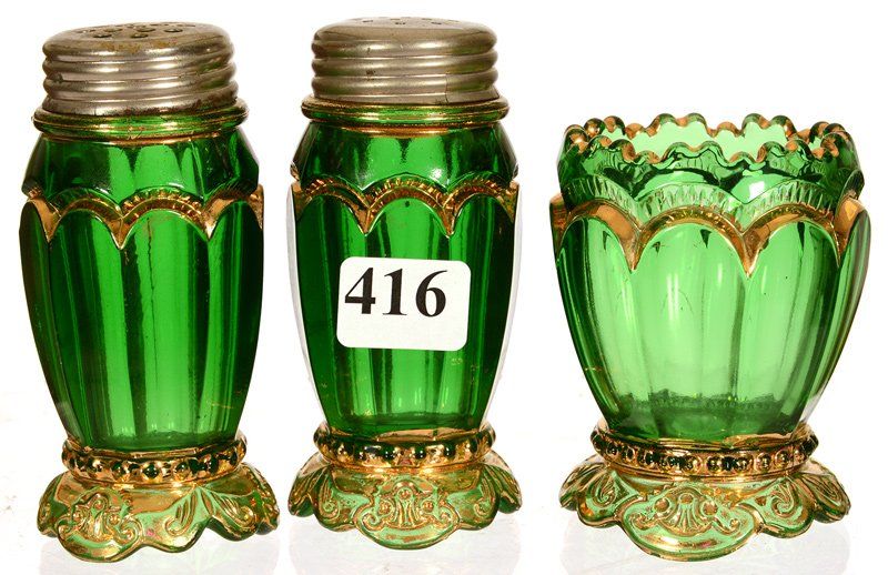 (2) GREEN PATTERN GLASS ITEMS WITH GOLD TRIM: (2) GREEN PATTERN GLASS ITEMS WITH GOLD TRIM EMPRESS PATTERN - (1) 2 3/4" TOOTHPICK HOLDER - (1) PAIR SALT AND PEPPER SHAKERS