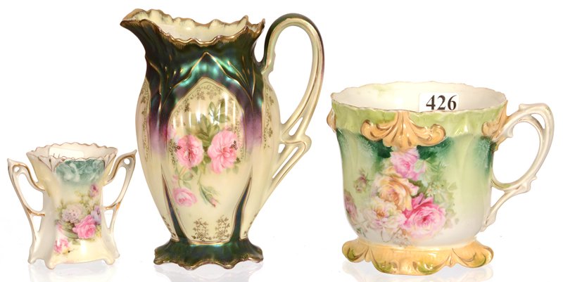 (3) RSP ITEMS: (3) RSP ITEMS (1) 5 1/4" SATIN FINISH CREAMER WITH TIFFANY IRIDESCENT BORDER - (1) 3 1/2" FLEUR DE LYS MOLD MUG - (1) 2 1/4" TWO-HANDLED TOOTHPICK HOLDER