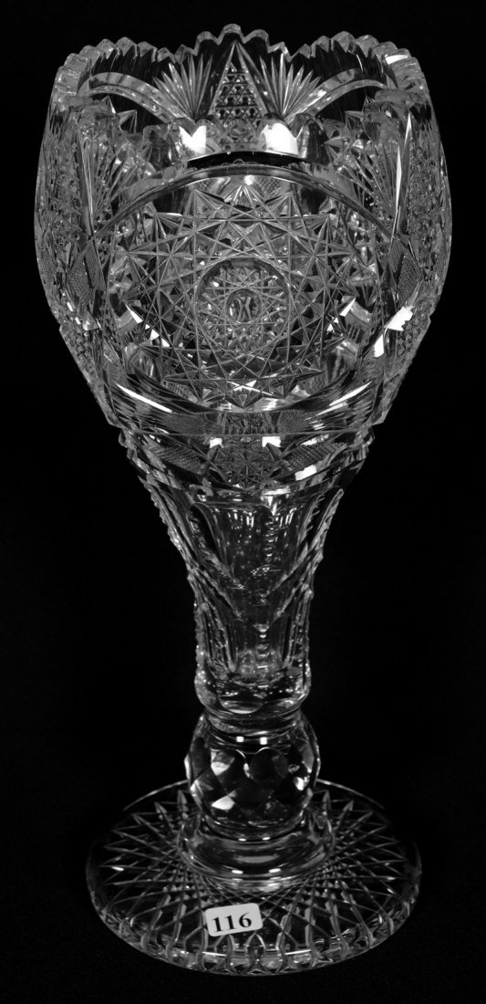CHALICE VASE - 14": CHALICE VASE - 14" HOBSTAR, NAILHEAD DIAMOND, STRAWBERRY DIAMOND AND FAN MOTIF - LARGE HOBSTAR FOOT - (2) CHIPPED TEETH