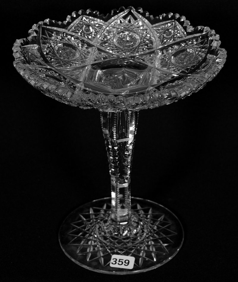 COMPOTE - 8" X 7 1/4": COMPOTE - 8" X 7 1/4" HOBSTAR AND CANE MOTIF - NOTCHED TEARDROP STEM - HOBSTAR BASE