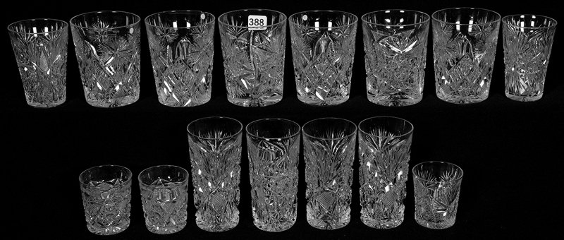 (15) GLASSES INCLUDING: (15) GLASSES INCLUDING (3) SHOT GLASSES - (6) TUMBLERS - (1) JUICE GLASSES - VARIOUS PATTERNS - SEE PHOTO FOR DETAILS - (2) TUMBLERS HAVE RIM CHIPS