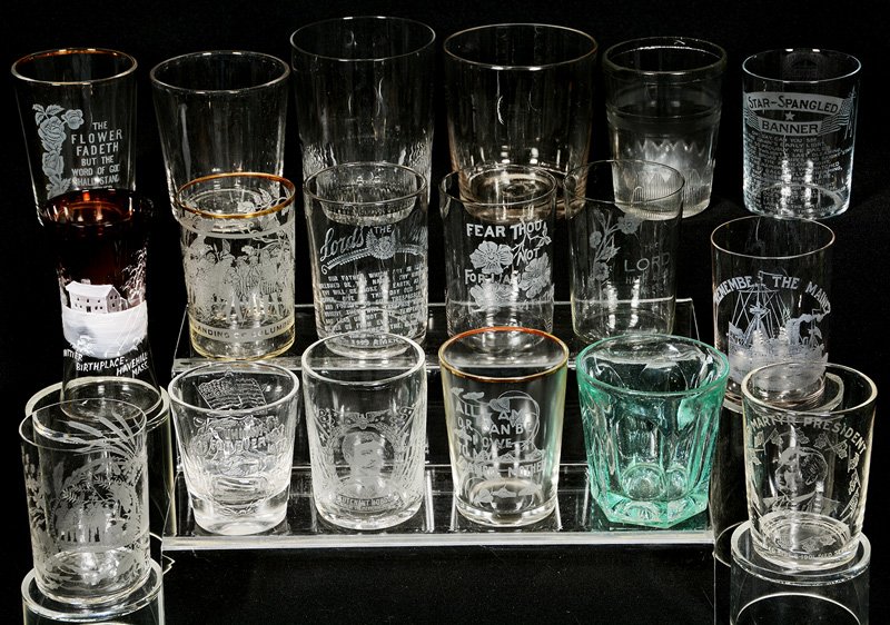 BOX LOT: BOX LOT (18) CIRCA 1800'S TUMBLERS INCLUDING - ETCHED SOUVENIR AND VARIOUS PATTERNS - SEE PHOTO