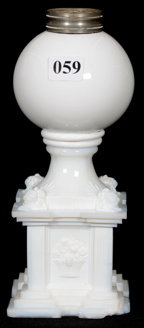7 3/4" WHITE OPAQUE KEROSENE LAMP BASE BY BOSTON &: 7 3/4" WHITE OPAQUE KEROSENE LAMP BASE BY BOSTON & SANDWICH EMBOSSED LION HEAD AND FLORAL BASKET DESIGN - SERIOUS BASE CHIP