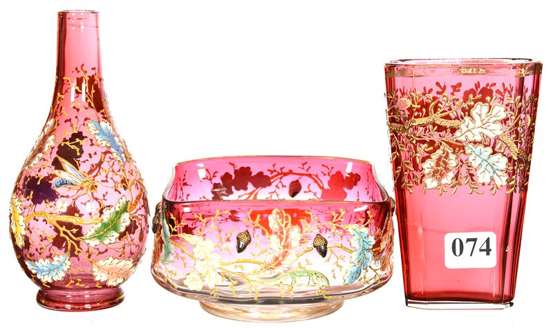 (3) UNMARKED MOSER CRANBERRY ART GLASS ITEMS: (3) UNMARKED MOSER CRANBERRY ART GLASS ITEMS (1) 4" SQUARE RUBINA BOWL WITH ENAMEL LEAF AND APPLIED ACORN DECOR - (1) 4 1/4" CRANBERRY FLASK SHAPED VASE WITH ENAMEL LEAF AND MISSING (4) ACORNS - 5" CR