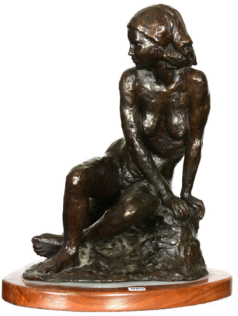 16 1/2" X 12 1/2" FIGURAL BRONZE: 16 1/2" X 12 1/2" FIGURAL BRONZE NUDE ON ROCK LEDGE - ARTIST SIGNED "LENA BETH FRAZIER" - "#1 OF 80" - DATED "1982"
