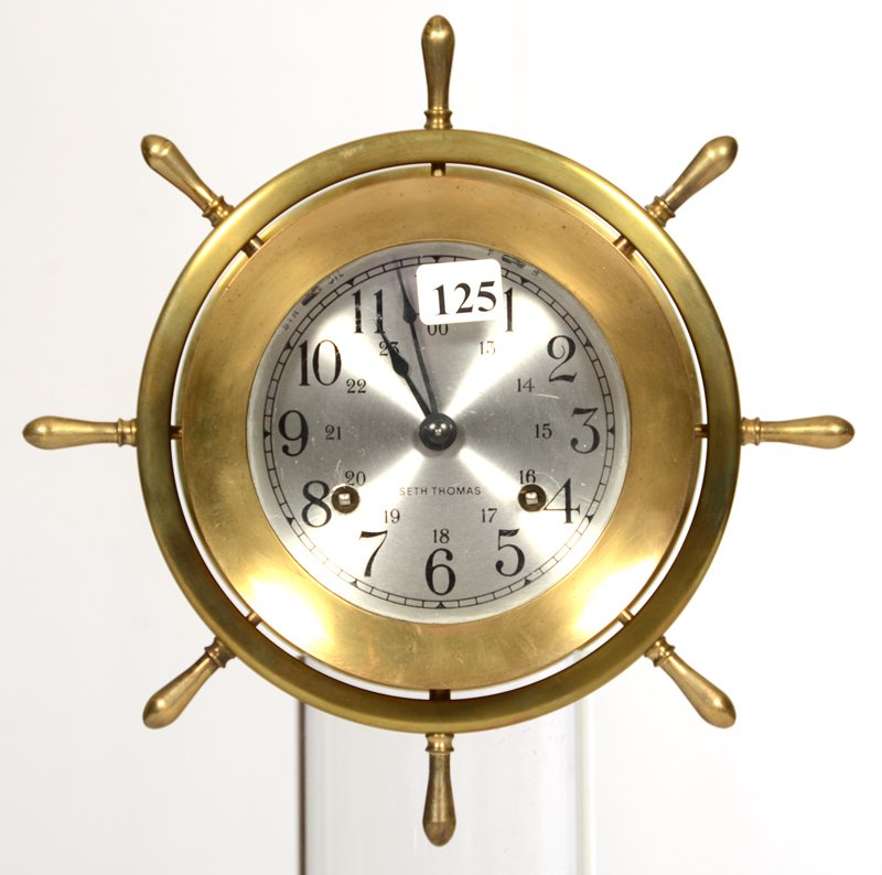 8 1/2" SETH THOMAS BRASS CASED CLOCK IN SHAPE OF SHIP'S: 8 1/2" SETH THOMAS BRASS CASED CLOCK IN SHAPE OF SHIP'S WHEEL