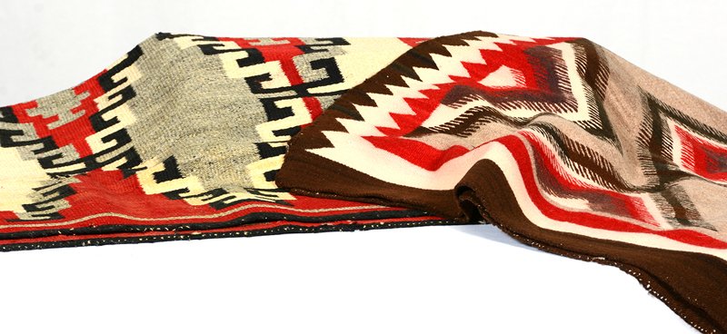 58" X 32" AMERICAN INDIAN BLANKET: 58" X 32" AMERICAN INDIAN BLANKET (1) RED, BLACK, GRAY AND WHITE - MINOR HOLE IN CENTER - (1) 48" X 33" RED, GRAY, BLACK & WHITE (SOME WEAR)