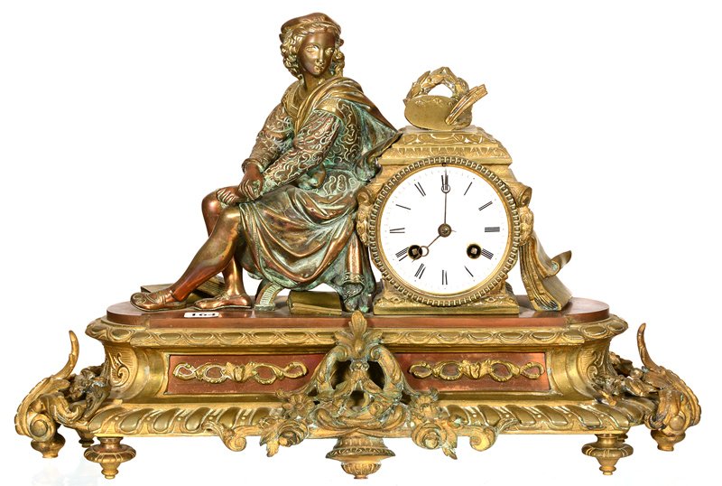 BRASS & COPPER FIGURAL MANTEL CLOCK - 11 1/2" X 17 1/2": BRASS & COPPER FIGURAL MANTEL CLOCK - 11 1/2" X 17 1/2" CLASSICALLY DRESSED SEATED MAN WITH BOOKS AND PAINTER'S PALETTE - JAPY FRES WORKS - KEY WOUND - HAS PENDULUM - NO BACK PLATE