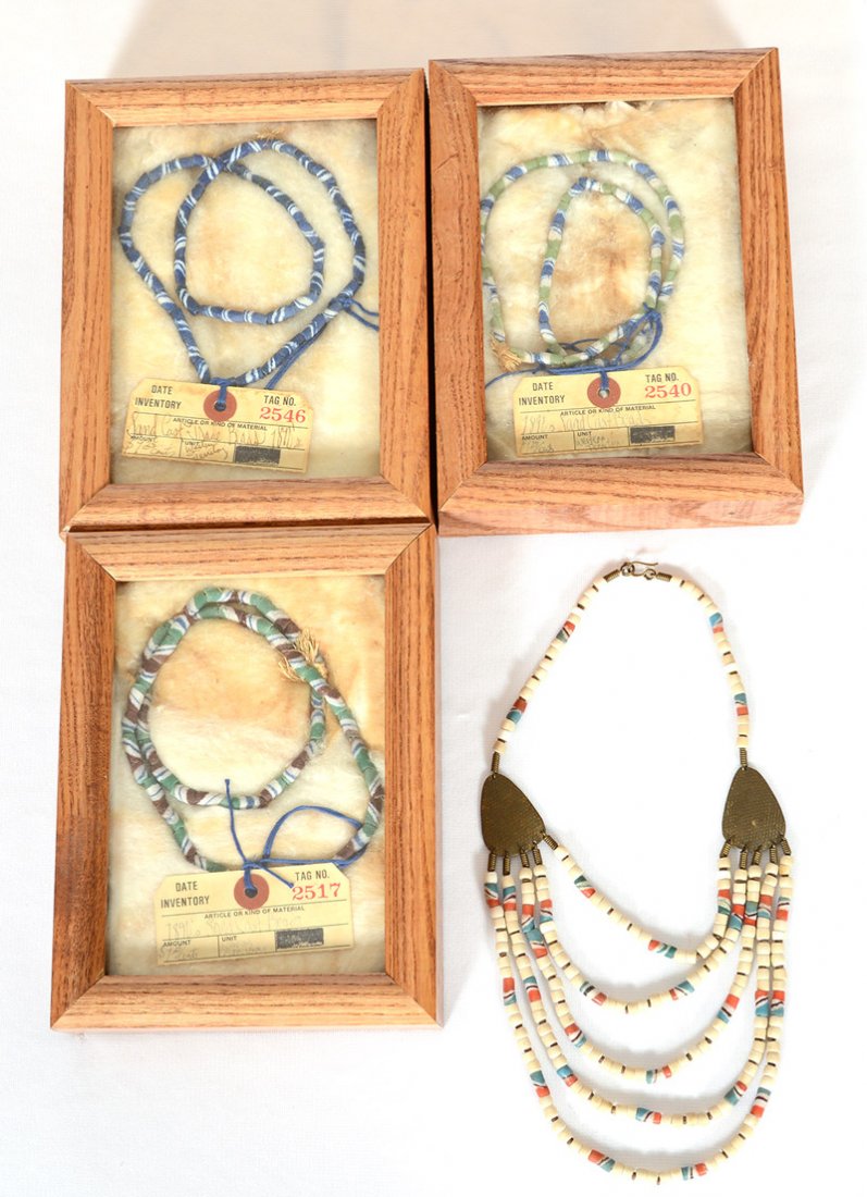(4) LATE 1800'S SAND CAST AMERICAN INDIAN BEAD: (4) LATE 1800'S SAND CAST AMERICAN INDIAN BEAD NECKLACES (1) FEATURES HAMMERED METAL CONNECTORS - SEE PHOTO FOR DETAILS
