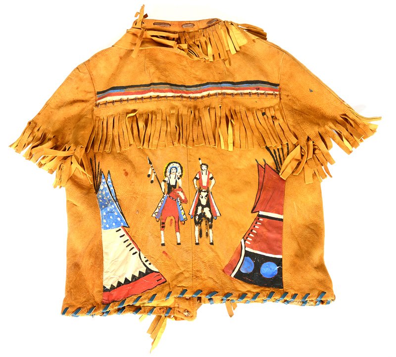 NATIVE AMERICAN DEER HIDE CHILD'S DANCE VEST FROM: NATIVE AMERICAN DEER HIDE CHILD'S DANCE VEST FROM OGALLA SIOUX, CIRCA 1934 JACKET HAS PAINTED FULL COLOR DRAWINGS ON BACK - 20" OVERALL LENGTH - SURPRISINGLY GOOD CONDITION