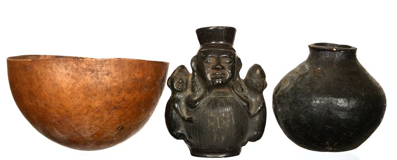 (3) NATIVE AMERICAN ITEMS: (3) NATIVE AMERICAN ITEMS (1) 7 1/2" BLACK EFFIGY POT, MOTHER AND CHILDREN, NOTE INDICATES FROM OHIO BURIAL MOUND (RIM CHIP) - (1) 5 1/2" APACHE PITCH POT - (1) 9 1/2" APACHE BOWL MADE FROM GOURD, CIR