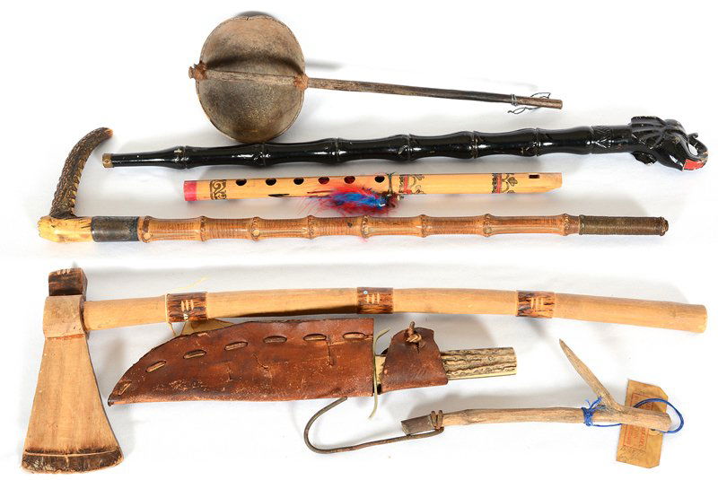 (4) ASSORTED NATIVE AMERICAN ITEMS: (4) ASSORTED NATIVE AMERICAN ITEMS (1) CIRCA 1920'S WOODEN TOURIST TRADE TOMAHAWK - (1) STAG HANDLE BOWIE KNIFE - (1) CORN HOOK - (1) GOURD DIPPER - AND MORE