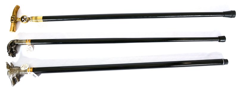 (3) MODERN CANE SWORDS WITH FIGURAL METAL HEADS: (3) MODERN CANE SWORDS WITH FIGURAL METAL HEADS (1) DOG'S HEAD - (1) PANTHER/LION HEAD - (1) BRASS HAMMER - EACH WITH SWORD INSIDE WALKING STICK SHAFT