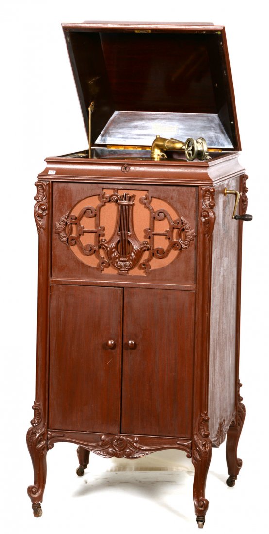 50" X 24" BRUNSWICK MODEL 22 FLOOR MODEL RECORD PLAYER: 50" X 24" BRUNSWICK MODEL 22 FLOOR MODEL RECORD PLAYER WOODEN CABINET WITH TWO DOORS WITH (5) PULL OUT RECORD HOLDERS