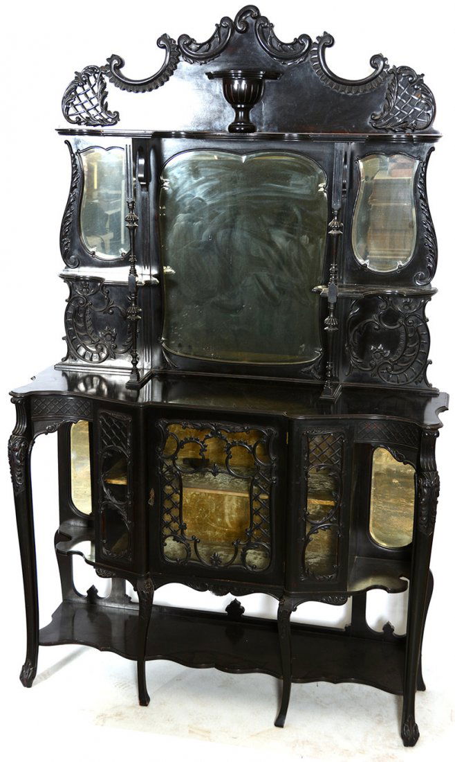92" X 58" EBONY ETEGERE: 92" X 58" EBONY ETEGERE BEVELED MIRRORS - ELABORATE SCROLL WORK - NICE CENTER DISPLAY CABINET DOOR