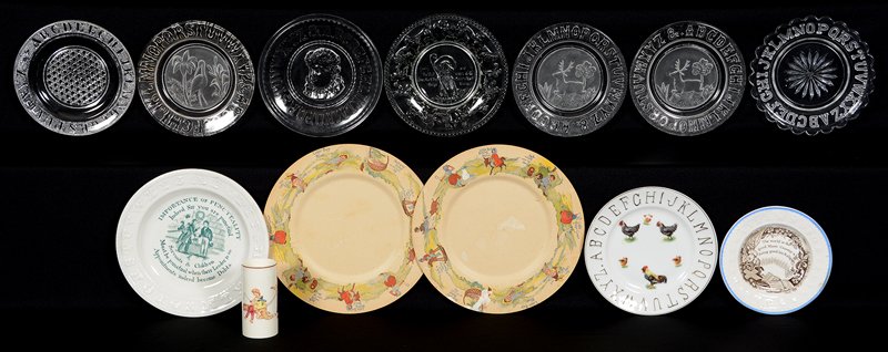(10) CHILDREN'S DISHES: (10) CHILDREN'S DISHES INCLUDES - (7) CLEAR PATTERN GLASS PLATES SUCH AS ABC, BO-PEEP, STORK, DEER, CHILD AND MORE - (1) IMPORTANCE OF PUNCTUALITY PORCELAIN - (1) PORCELAIN ROOSTER AND CHICK - (1) POR