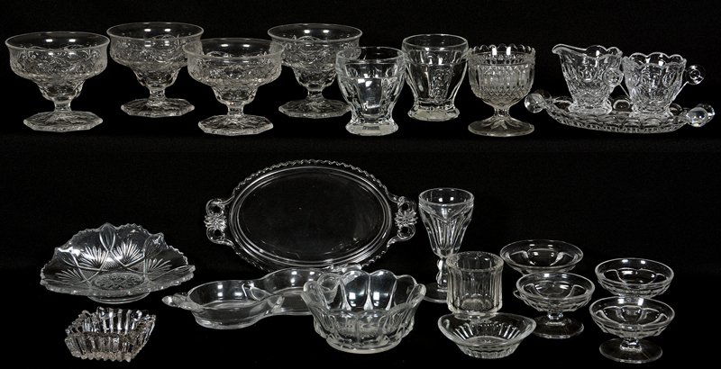 BOX OF ASSORTED PATTERN GLASS ITEMS: BOX OF ASSORTED PATTERN GLASS ITEMS SHERBETS - TRAYS - TOOTHPICK HOLDERS - AND MORE