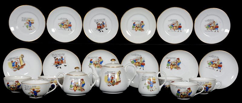 (21) PIECE NORITAKE CHILDREN'S TEA SET: (21) PIECE NORITAKE CHILDREN'S TEA SET EVERY PIECE FEATURES VARIOUS NURSERY RHYMES - TEAPOT, CREAMER, SUGAR, (6) CUPS, (6) SAUCERS, (6) PLATES