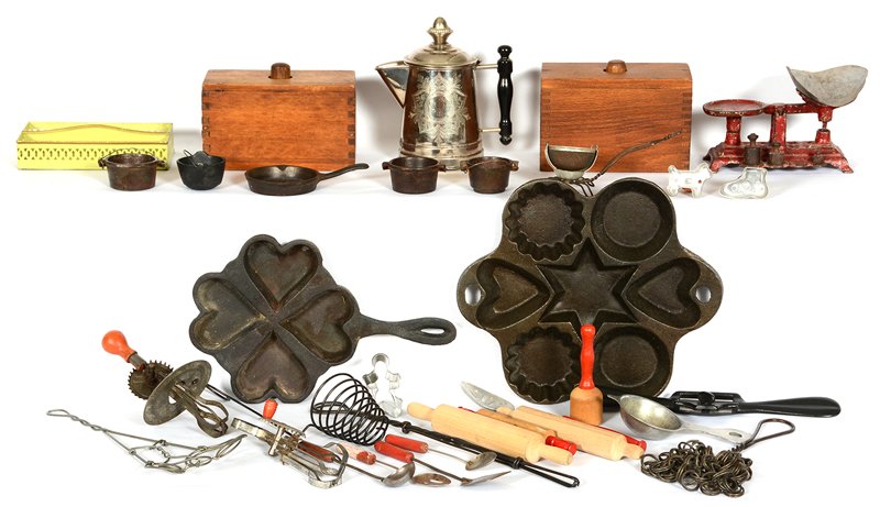 ASSORTED CHILDREN'S PRIMITIVE ITEMS INCLUDING: ASSORTED CHILDREN'S PRIMITIVE ITEMS INCLUDING EGG BEATERS - CAST IRON CORN BREAD PAN - (2) SQUARE WOODEN BUTTER MOLDS - UNIQUE CAST IRON CHILDREN'S BALANCE SCALE - AND MORE