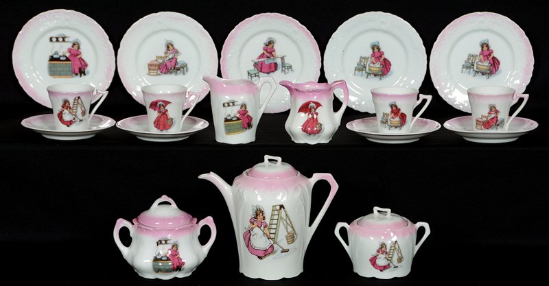 (18) PIECE GERMANY CHILDREN'S TEA SET: (18) PIECE GERMANY CHILDREN'S TEA SET PINK AND WHITE TONES WITH GIRL IN BONNET - VARIOUS SCENES INCLUDE MOPPING NEAR LADDER - AND OTHER SCENES