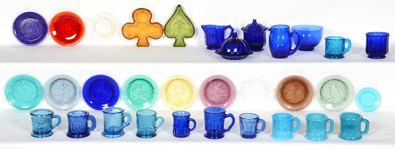 OVER (30) COLORED PATTERN GLASS ITEMS: OVER (30) COLORED PATTERN GLASS ITEMS SOME MODERN CUP PLATES - SEE PHOTO FOR DETAILS