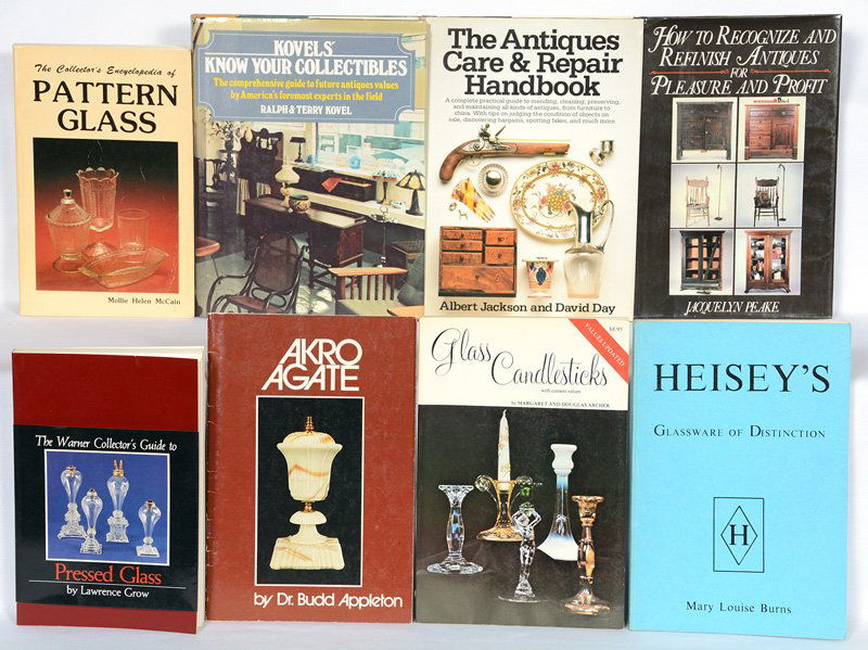 ASSORTED BOOKS: ASSORTED BOOKS THE WARNER COLLECTOR'S GUIDE TO PRESSED GLASS BY GROW - GLASS CANDLESTICKS BY ARCHER - HEISEY GLASSWARE OF DISTINCTION BY BURNS - AKRO AGATE BY APPLETON - COLLECTOR'S ENCYCLOPEDIA OF PA