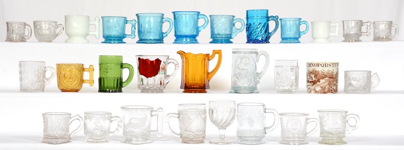 OVER (25) PATTERN GLASS MUGS: OVER (25) PATTERN GLASS MUGS VARIOUS COLORS AND DESIGNS