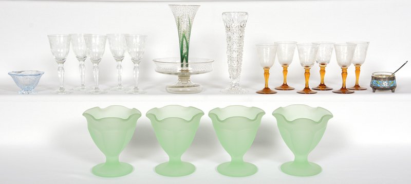 ASSORTED GLASSWARE INCLUDING:: ASSORTED GLASSWARE INCLUDING: FROSTED GREEN GLASS SHERBETS - CORDIAL GLASSES - ENAMELED GLASS EPERGNE - AND MORE