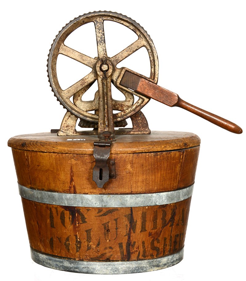 13" X 10" TOY COLUMBIA WASHER: 13" X 10" TOY COLUMBIA WASHER CAST IRON GEARS - WOODEN HANDLE AND TUB