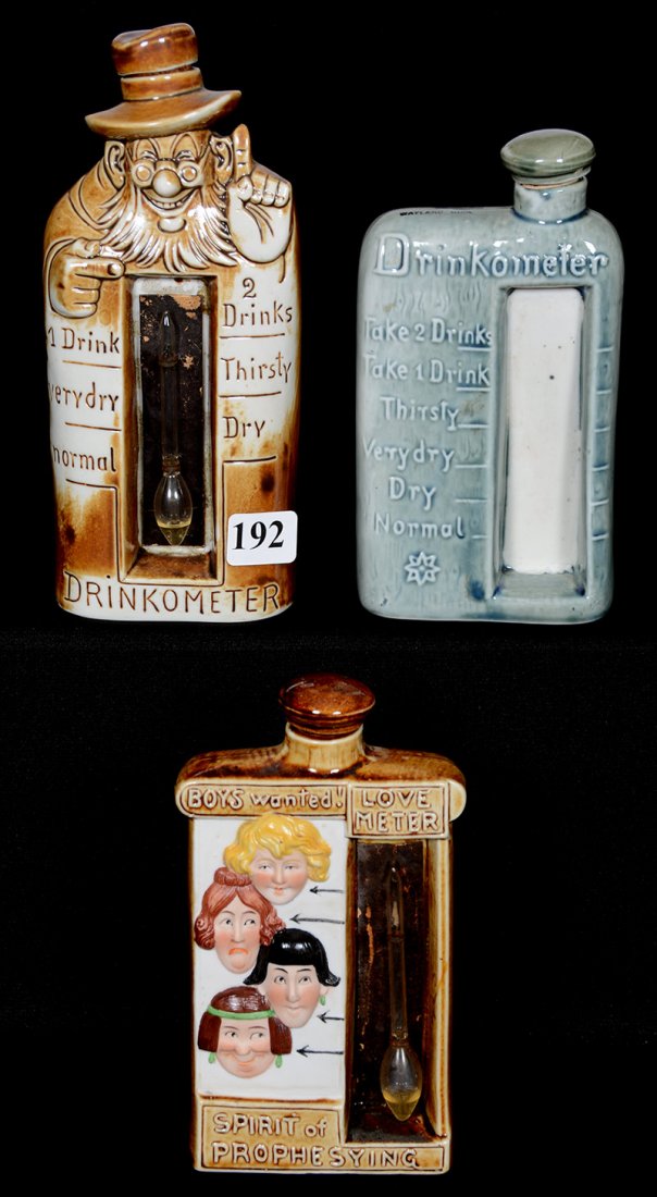 (3) UNMARKED SCHAFER & VATER FIGURAL LIQUOR BOTTLES: (3) UNMARKED SCHAFER & VATER FIGURAL LIQUOR BOTTLES WITH "DRINKOMETER" INSET (1) 6 3/4" OLD MAN "USE IT DAILY YOU'LL LIVE GAILY" - (1) 5 3/4" GREEN "YOUR HEALTH" (MISSING METER) - (1) 5 3/4" "SPIRIT O