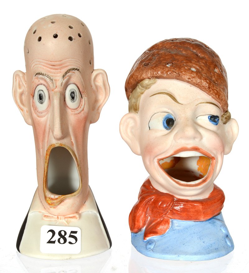 (2) UNMARKED SCHAFER & VATER FIGURAL HATPIN HOLDERS: (2) UNMARKED SCHAFER & VATER FIGURAL HATPIN HOLDERS (1) 5" SURPRISED BALD OLD MAN - (1) 4 1/2" BOY IN HAT