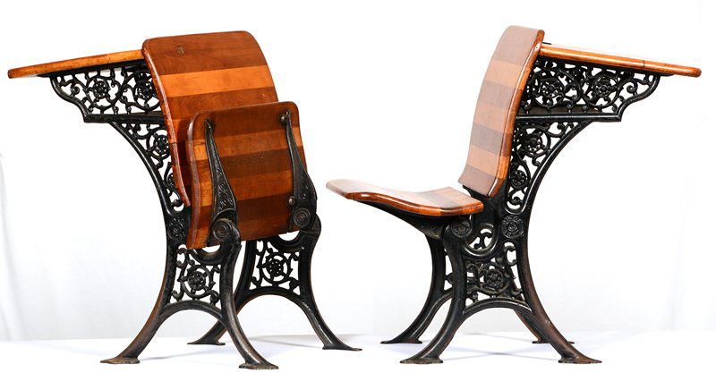 (2) VINTAGE SMALL SCHOOL DESKS: (2) VINTAGE SMALL SCHOOL DESKS CAST IRON FRAME WITH MAPLE FOLDING SEAT AND DESK