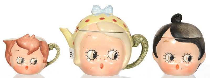 MARKED SCHAFER & VATER THREE PIECE GOOGLY EYE FIGURAL: MARKED SCHAFER & VATER THREE PIECE GOOGLY EYE FIGURAL TEA SET (1) 4" TEAPOT, CREAMER AND COVERED SUGAR