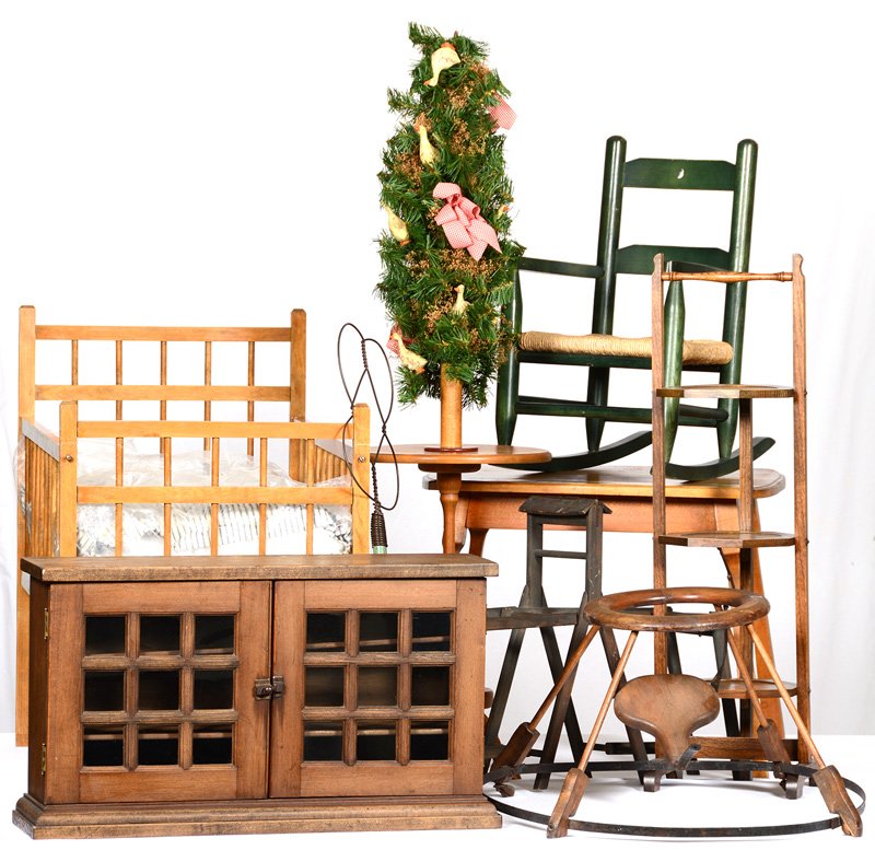 ASSORTMENT OF CHILD/DOLL SIZE FURNITURE: ASSORTMENT OF CHILD/DOLL SIZE FURNITURE (1) 24" GREEN ROCKER WITH RUSH SEAT - (1) 23" ROUND STAND - (1) 20" X 25" TABLE - (1) 24" DIAMETER EARLY CHILD'S WALKER - (1) 17" X 29" WALL DISPLAY CABINET WIT