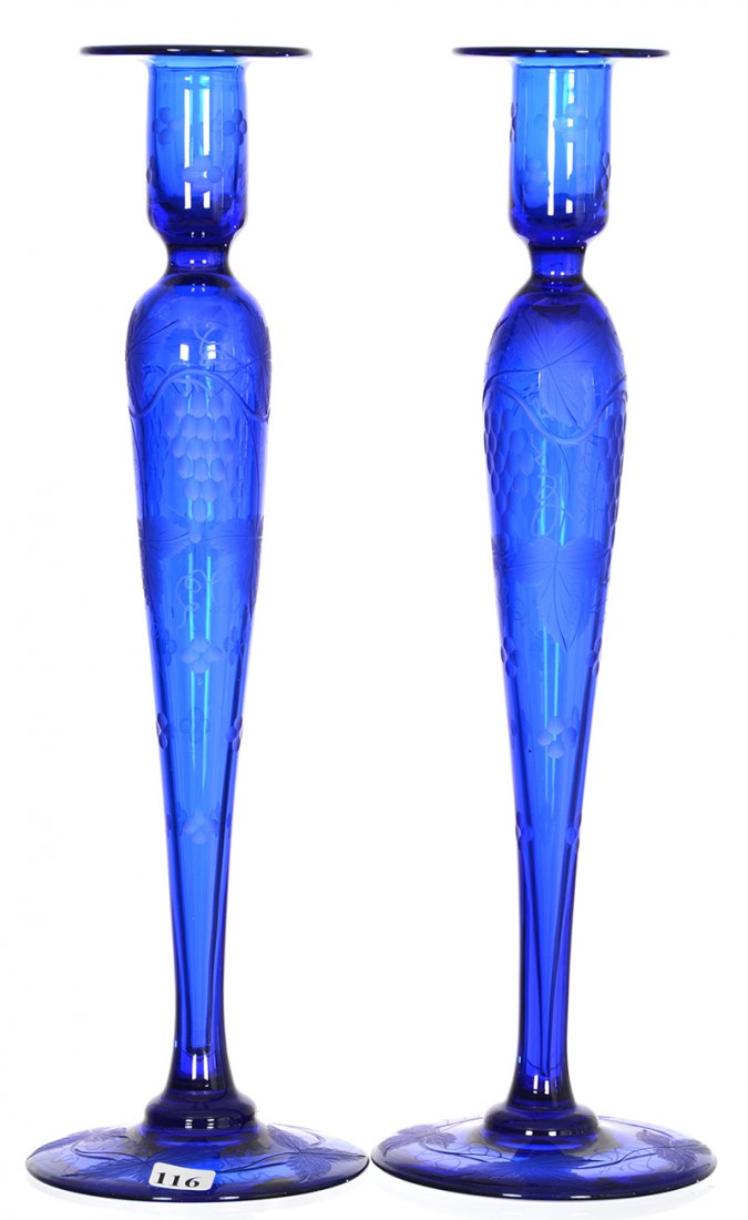 PAIR CANDLE HOLDERS - 16" - SOLID BLUE VINTAGE PATTERN: PAIR CANDLE HOLDERS - 16" - SOLID BLUE VINTAGE PATTERN BY PAIRPOINT NICE QUALITY