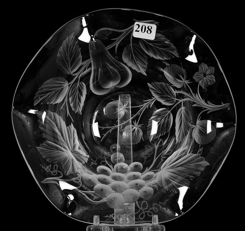 BOWL - 2 1/2" X 8 3/4" - SIGNED TUTHILL THREE FRUITS: BOWL - 2 1/2" X 8 3/4" - SIGNED TUTHILL THREE FRUITS PATTERN NICE ENGRAVING - RUFFLED RIM