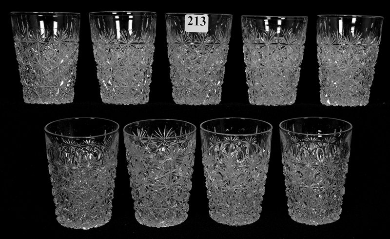 (9) WHISKEY TUMBLERS - 3 1/4" - RUSSIAN PATTERN WITH: (9) WHISKEY TUMBLERS - 3 1/4" - RUSSIAN PATTERN WITH STAR CUT BUTTONS ATTRIBUTED TO HAWKES