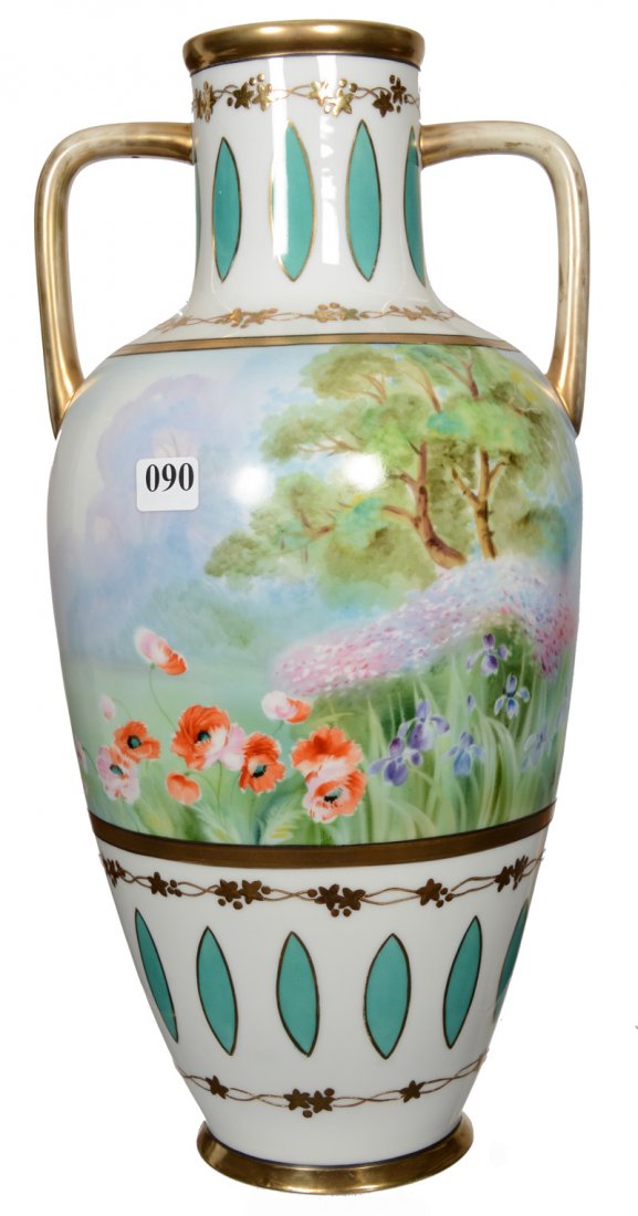 15" NIPPON (GREEN WREATH MARK) TWO HANDLED HANDPAINTED: 15" NIPPON (GREEN WREATH MARK) TWO HANDLED HANDPAINTED VASE FLORAL FIELD OF BLOSSOMS - ARTIST SIGNED KOJIMA - SMALL BASE CHIP - VERY UNUSUAL