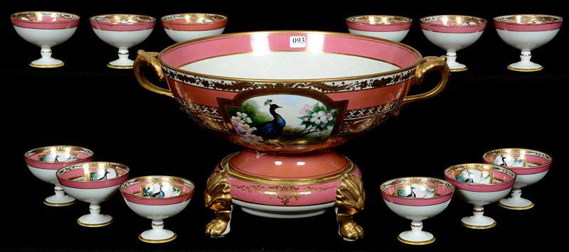 VERY RARE NORITAKE (GREEN WREATH MARK) 9" X 13" TWO: VERY RARE NORITAKE (GREEN WREATH MARK) 9" X 13" TWO PART PUNCH BOWL & (12) CUPS PINK AND WHITE WITH PEACOCK SCENIC DECOR - NICE GOLD TRIM - MUST SEE - PEDESTAL CUPS