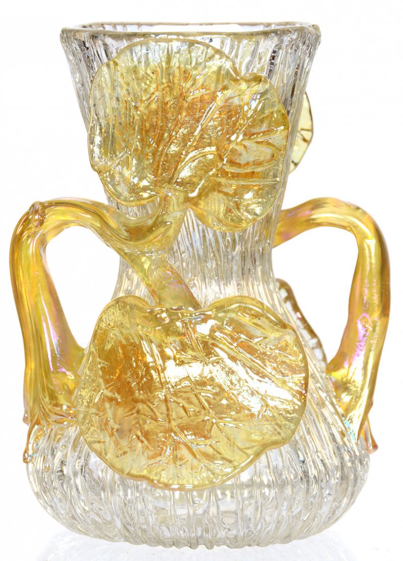 4 1/2" LOETZ STYLE CORSET TWO HANDLED VASE: 4 1/2" LOETZ STYLE CORSET TWO HANDLED VASE WHITE IRIDESCENT TREE TRUNK BACKGROUND WITH APPLIED GOLD LEAF HANDLES