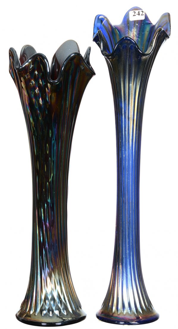 (2) CARNIVAL GLASS VASES BY FENTON: (2) CARNIVAL GLASS VASES BY FENTON (1) OLD, 18" FINE RIB, BLUE - (1) MODERN 16", AMETHYST, SIGNED FENTON