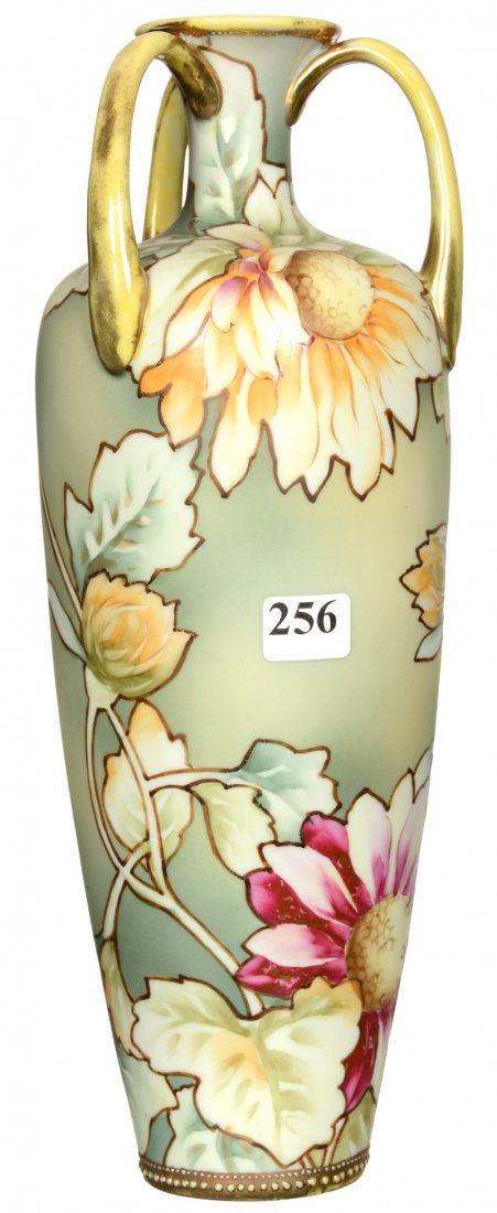 11 1/2" NIPPON (GREEN LEAF MARK) THREE HANDLED VASE: 11 1/2" NIPPON (GREEN LEAF MARK) THREE HANDLED VASE GREEN TONES WITH LARGE FLORAL BLOSSOM DECOR