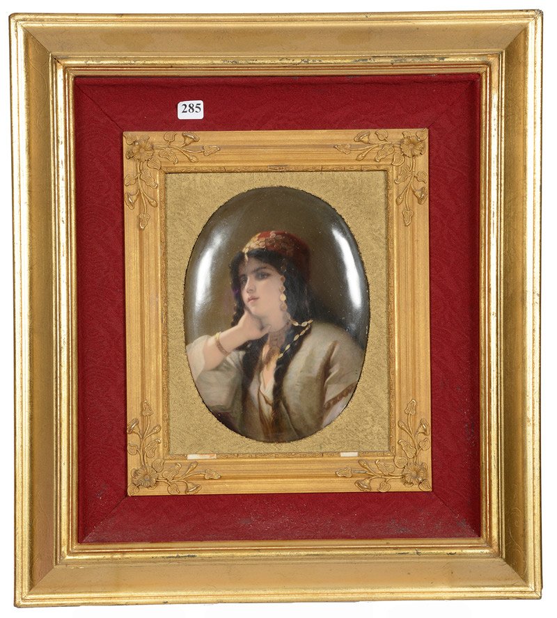 8 3/4" X 6 1/2" MARKED KPM GERMAN OVAL PORCELAIN PLAQUE: 8 3/4" X 6 1/2" MARKED KPM GERMAN OVAL PORCELAIN PLAQUE PORTRAIT OF YOUNG ARAB WOMAN - SET IN 20" X 18" GILT WOODEN FRAME