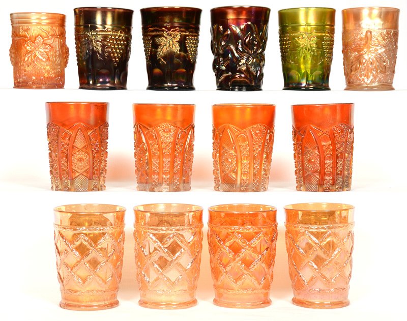 (14) CARNIVAL GLASS TUMBLERS: (14) CARNIVAL GLASS TUMBLERS (4) MARIGOLD OCTAGON TUMBLERS - (4) MARIGOLD GRAPEVINE LATTICE - (2) AMETHYST NORTHWOOD GRAPE - (1) GREEN NORTHWOOD GRAPE - (1) MARIGOLD MAPLE LEAF - (1) AMETHYST HEAVY IR
